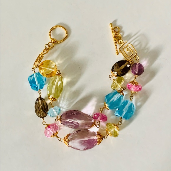 Multi Micro Faceted Big Gemstones Double Strand Bracelet Vermeil Sterling Silver - Picture 3 of 8